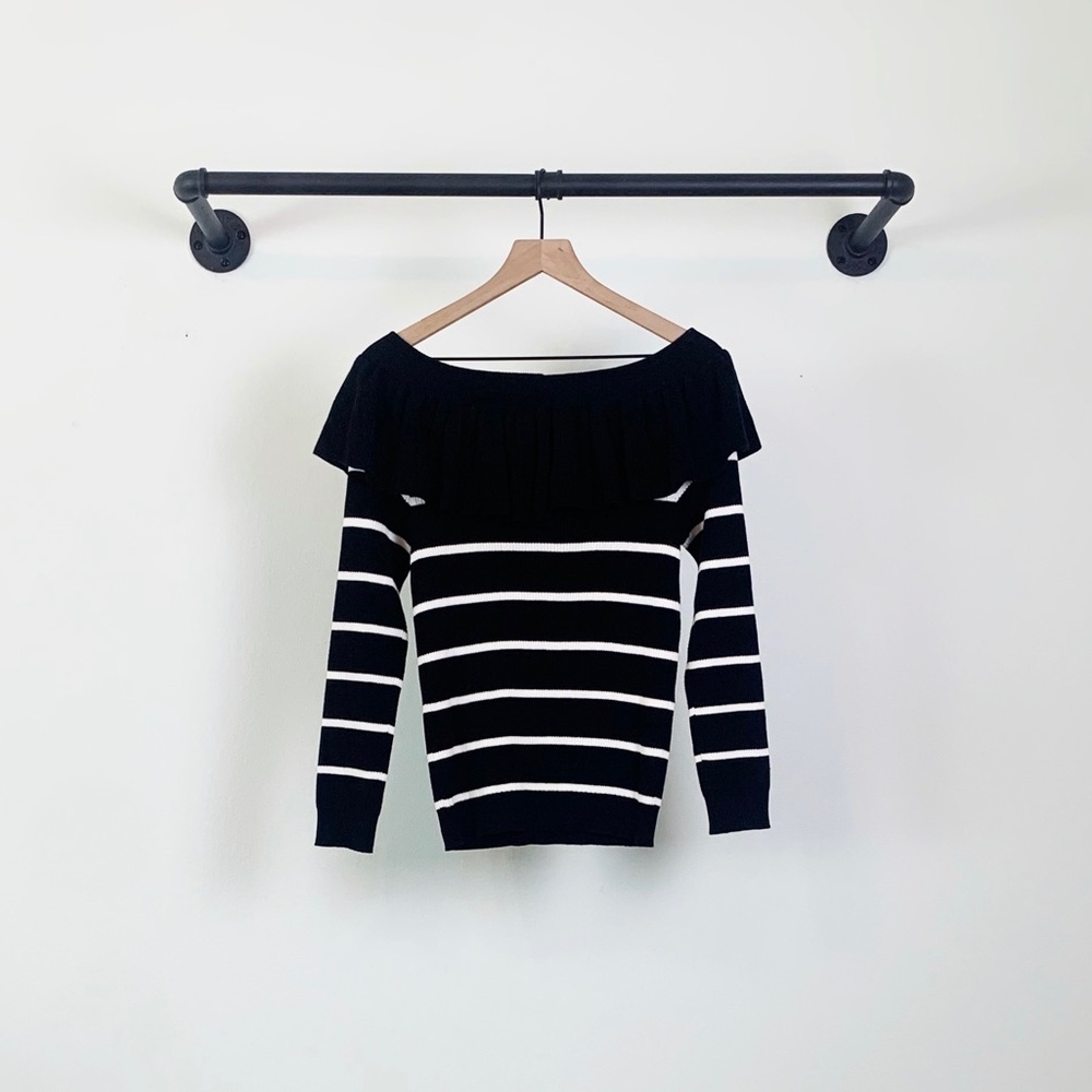 NWT Chaser Ruffle Striped Rib Off Shoulder Sweater - Picture 5 of 6